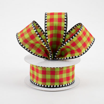 Red & Lime Dashed Edge Check Plaid Ribbon 1.5" x 10 yards