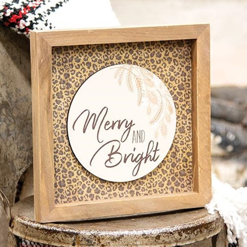 Merry and Bright Cheetah Print 10" Framed Sign