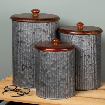 Set of 3 Farmhouse Galvanized Canister Set