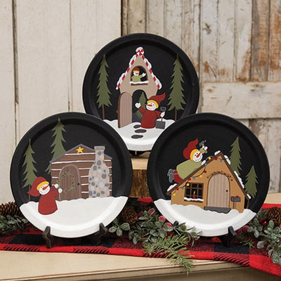 Set of 3 Snowman with Winter House 9.25" Decorative Plates