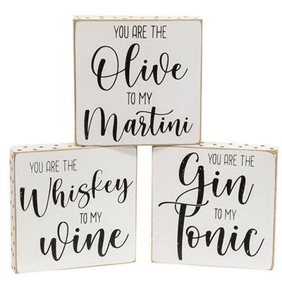 Set of 3 Martini Gin Tonic and Wiskey 4" Wooden Block Signs