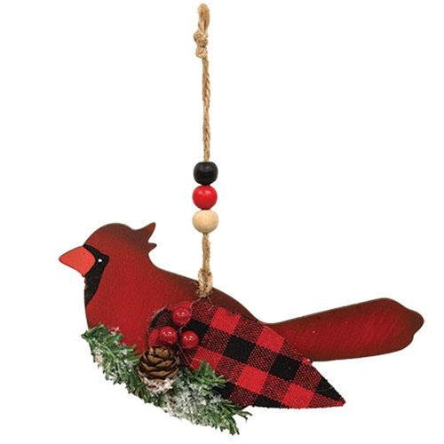 Set of 3 Wooden Cardinal Buffalo Plaid Ornaments