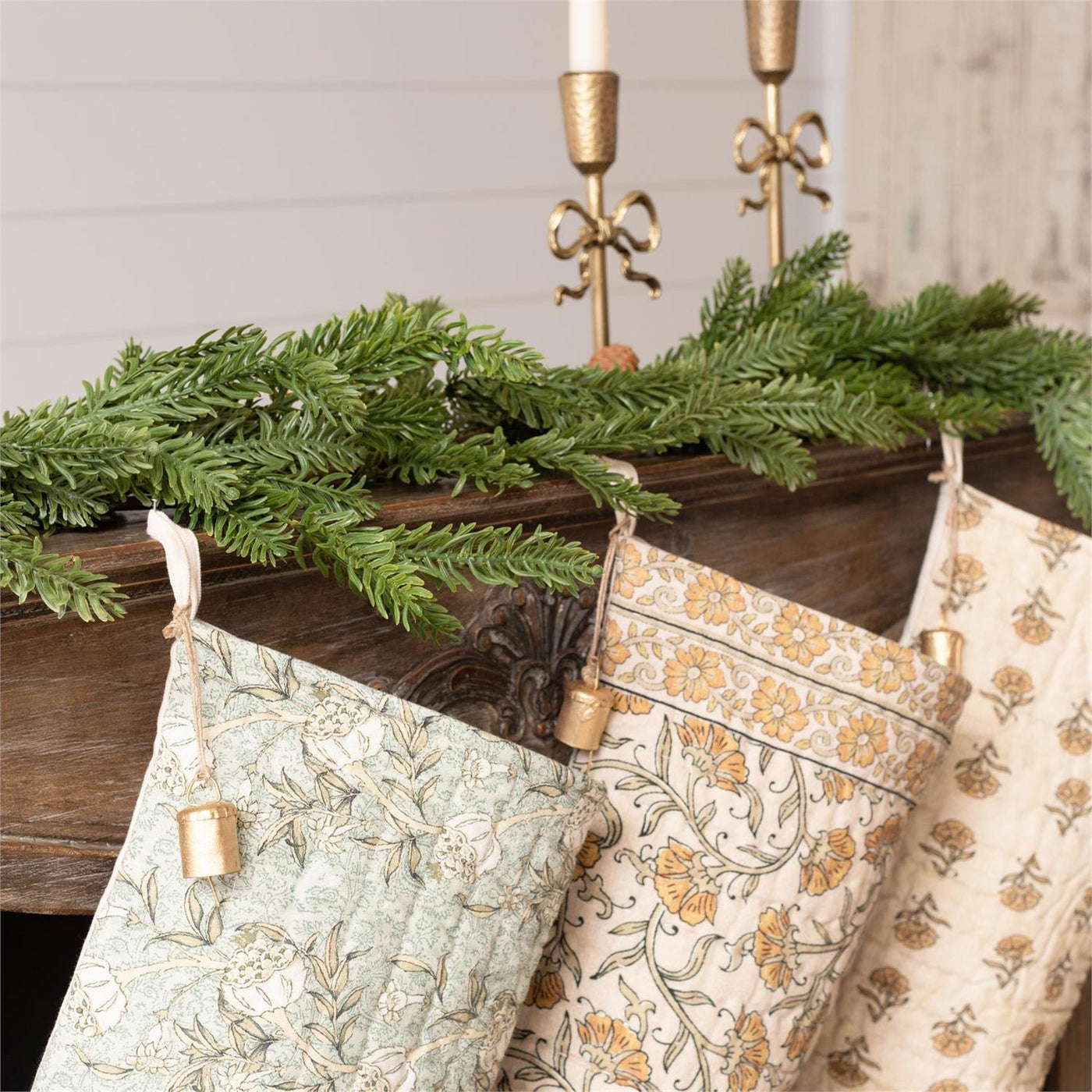 Set of 3 Block Print With Bells Stockings – Blueberry Lane Shop
