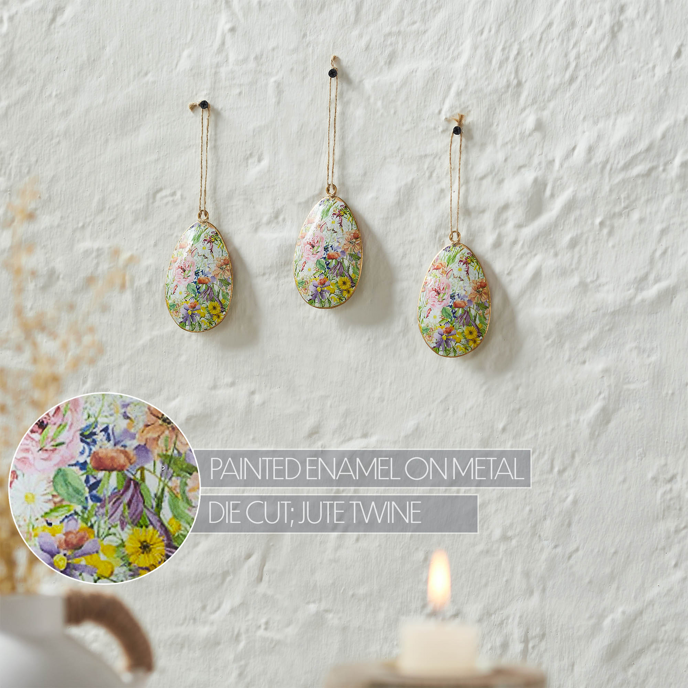 Set of 3 Spring In Bloom Metal Floral Egg Ornaments