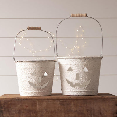 DAY 23 🎃 31 DAYS OF SPOOKYWEEN Set of 2 Rustic White Metal Jack O' Lantern Buckets