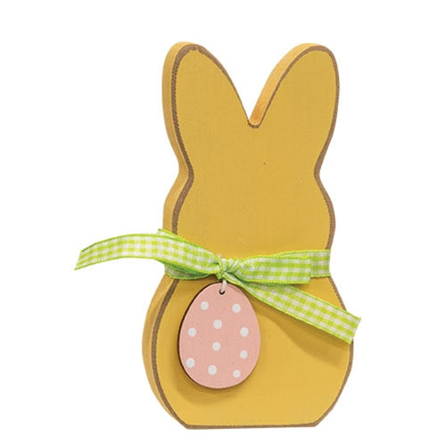 DAY 17 🐇🐥 20 DAYS OF BUNNIES + CHICKS Yellow Peep Bunny with Egg 5.5" Wooden Sitter