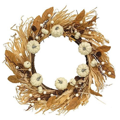 Autumn Harvest White Pumpkins and Foliage 22" Faux Wreath