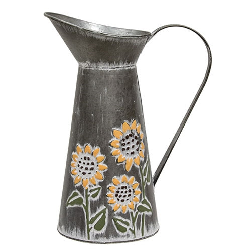 Distressed Sunflower Embossed Decorative Metal Pitcher