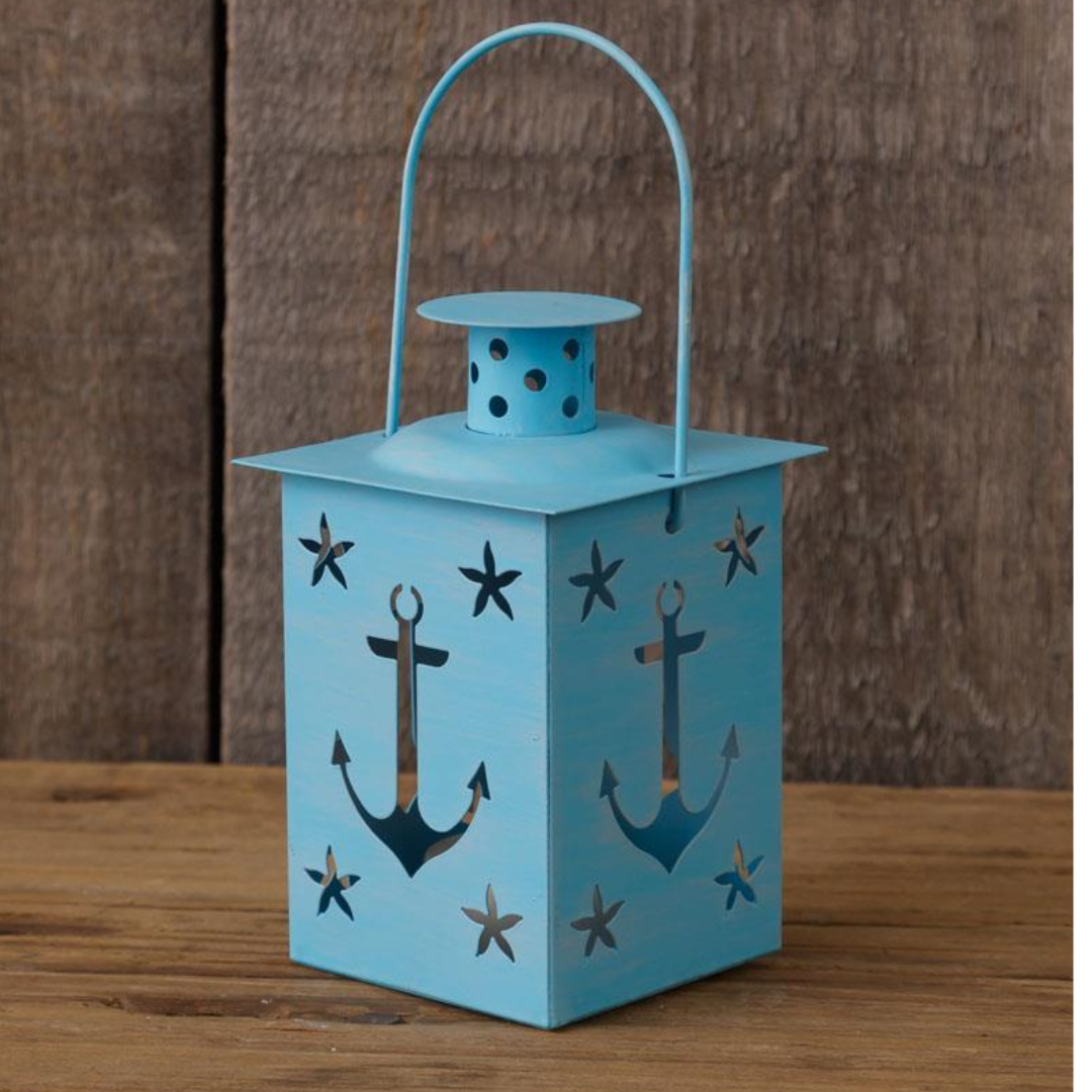 Nautical Blue Anchors Metal Lantern