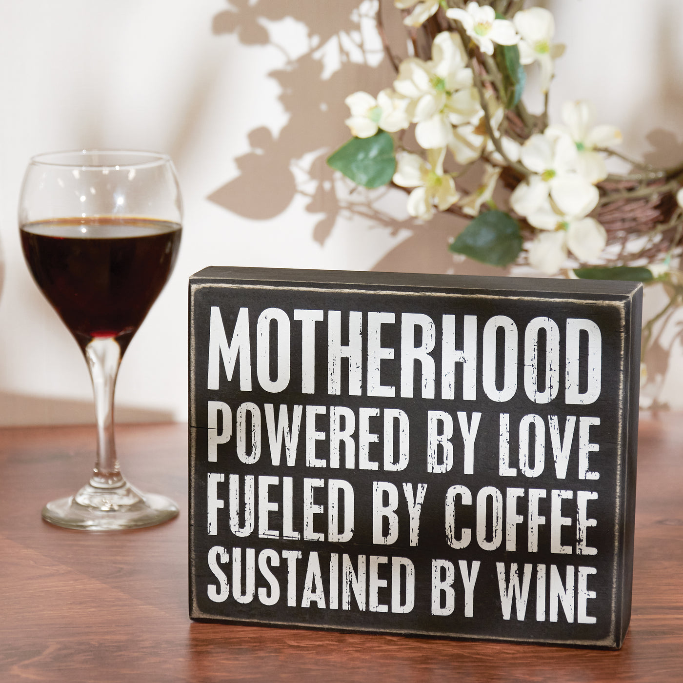 Motherhood Powered By Love Coffee & Wine 6" Box Sign