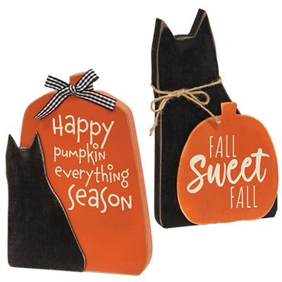 💙 Set of 2 Fall Sayings Cat & Pumpkin Wooden Fall Sitters