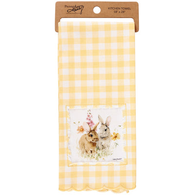 Flower Bunnies Yellow Gingham Kitchen Towel