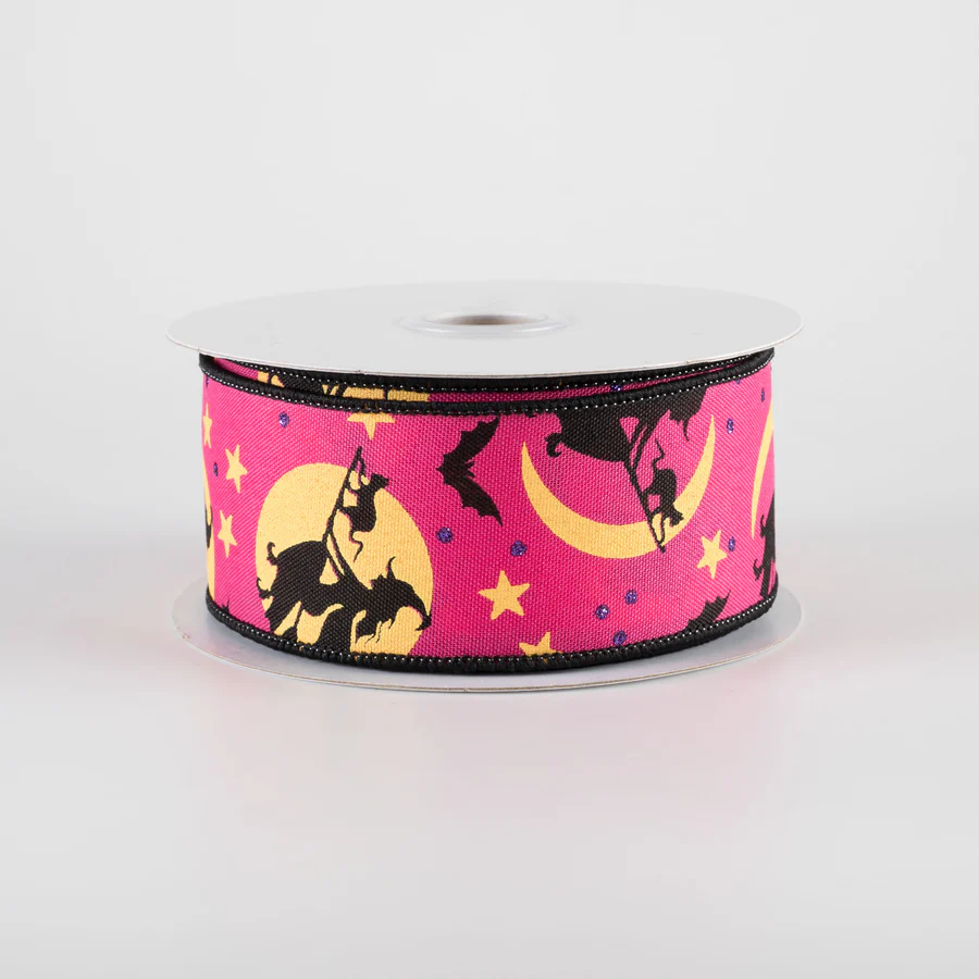 💙 Witch Flying by Moon Hot Pink Ribbon 1.5" x 10 Yards