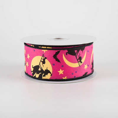 💙 Witch Flying by Moon Hot Pink Ribbon 1.5" x 10 Yards