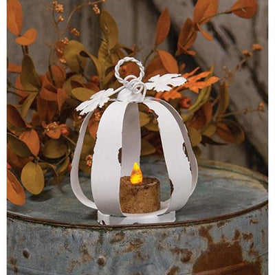 White Pumpkin Tealight Lantern Distressed Metal
