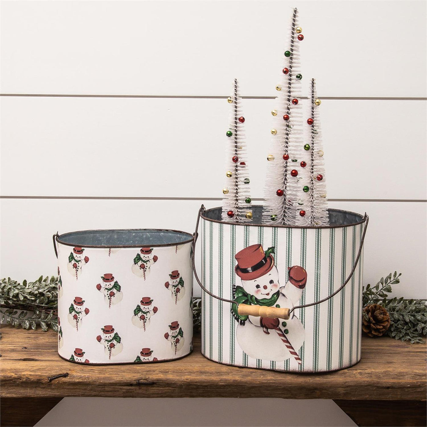 Set of 2 Retro-Style Snowman Christmas Metal Containers