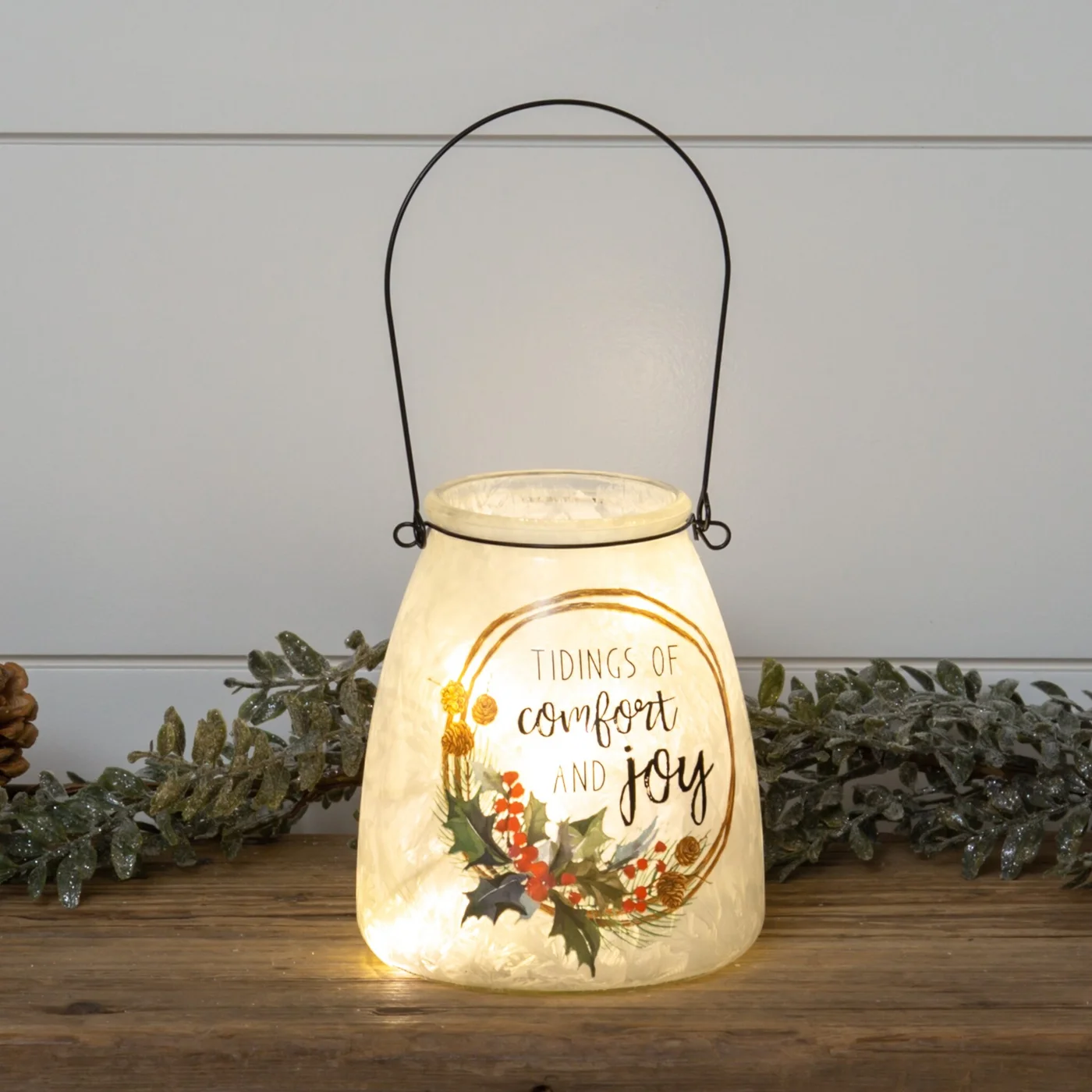 Comfort and Joy Frosted Glass Luminary With Handle