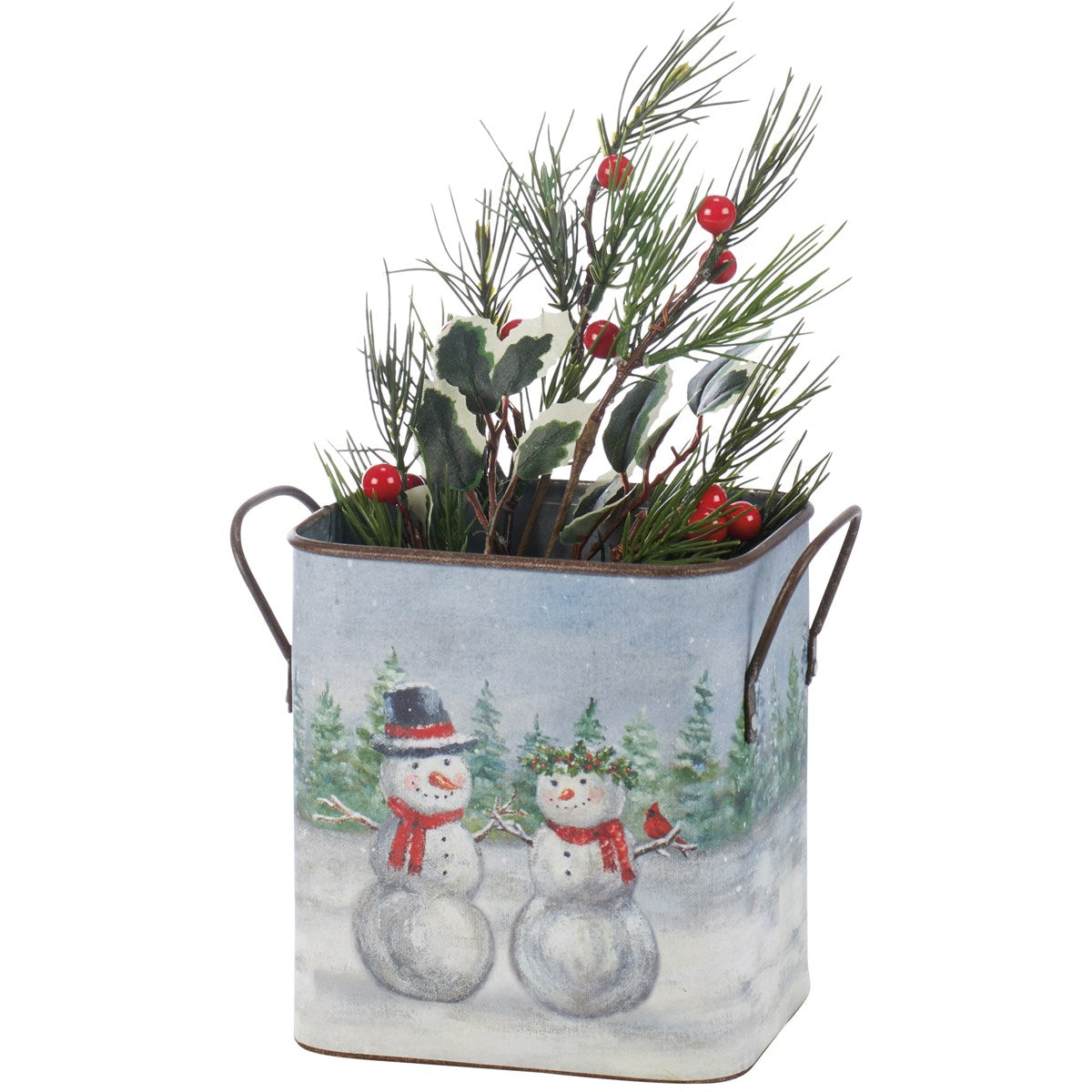 Set of 2 Snow Family Snowmen Winter Scene Metal Bins