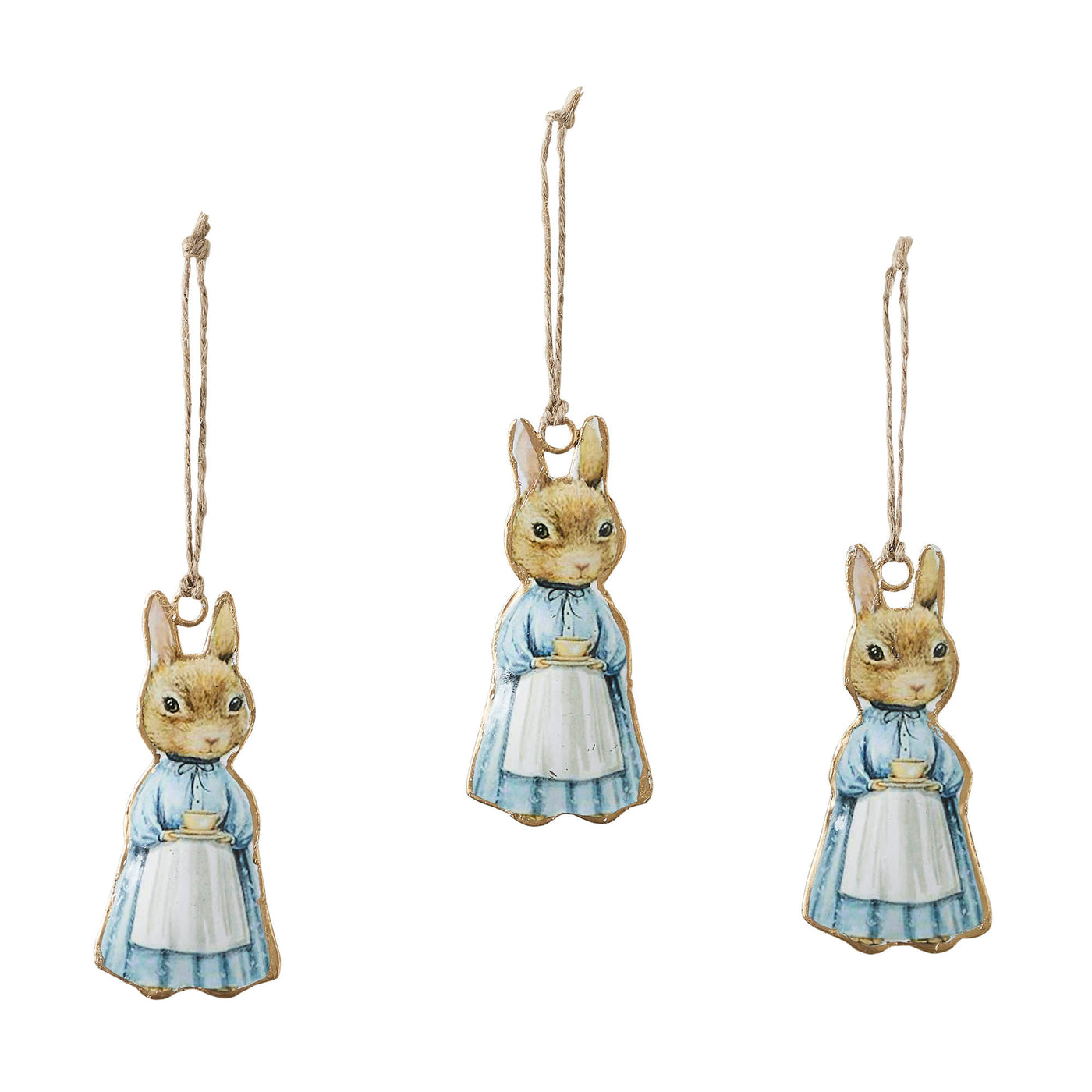 Set of 3 Bunny Rabbit in Apron Metal Ornaments