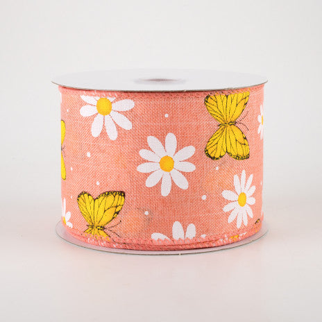 Daisies & Butterflies Coral Linen Ribbon 2.5" x 10 Yards