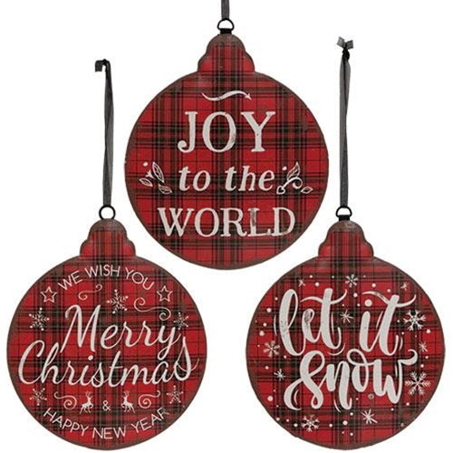 Set of 3 Distressed Plaid Christmas Sentiments Metal Hangers