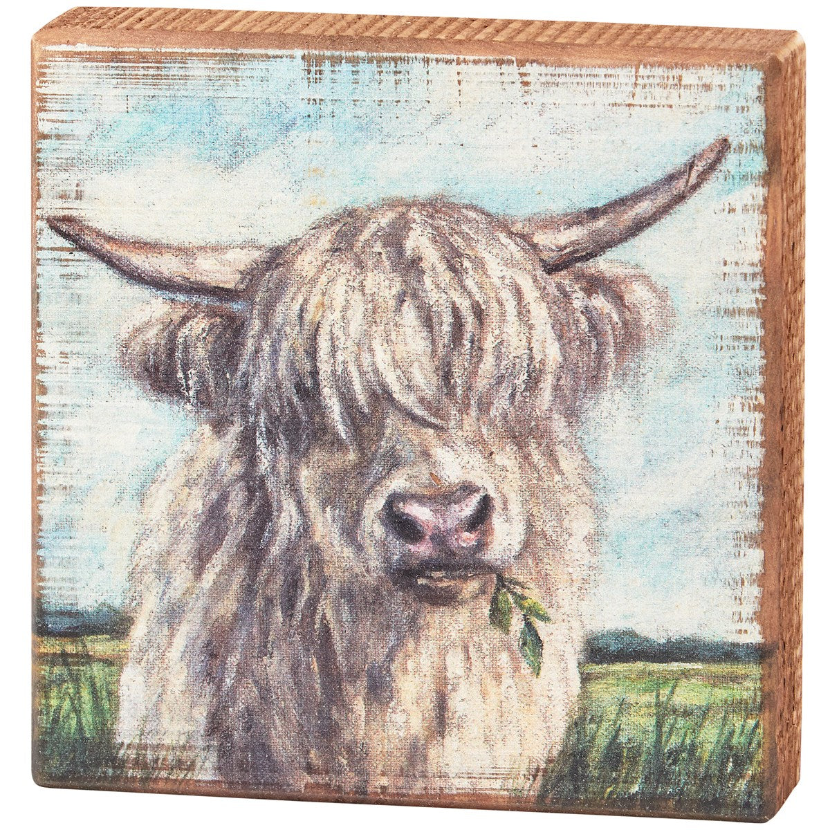 White Highland Cow 5" Small Wooden Block Sign