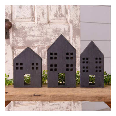 Set of 3 Black Wooden Houses Decorative