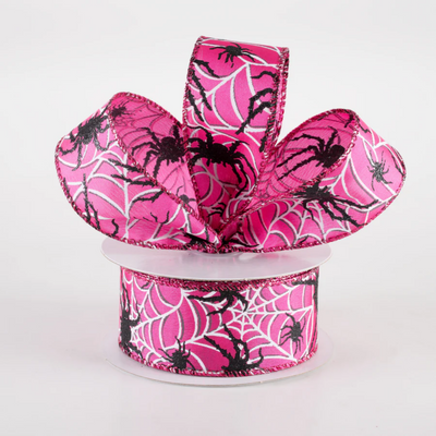 💙 Spider & White Spiderwebs Fuchsia Pink Ribbon 1.5" x 10 Yards