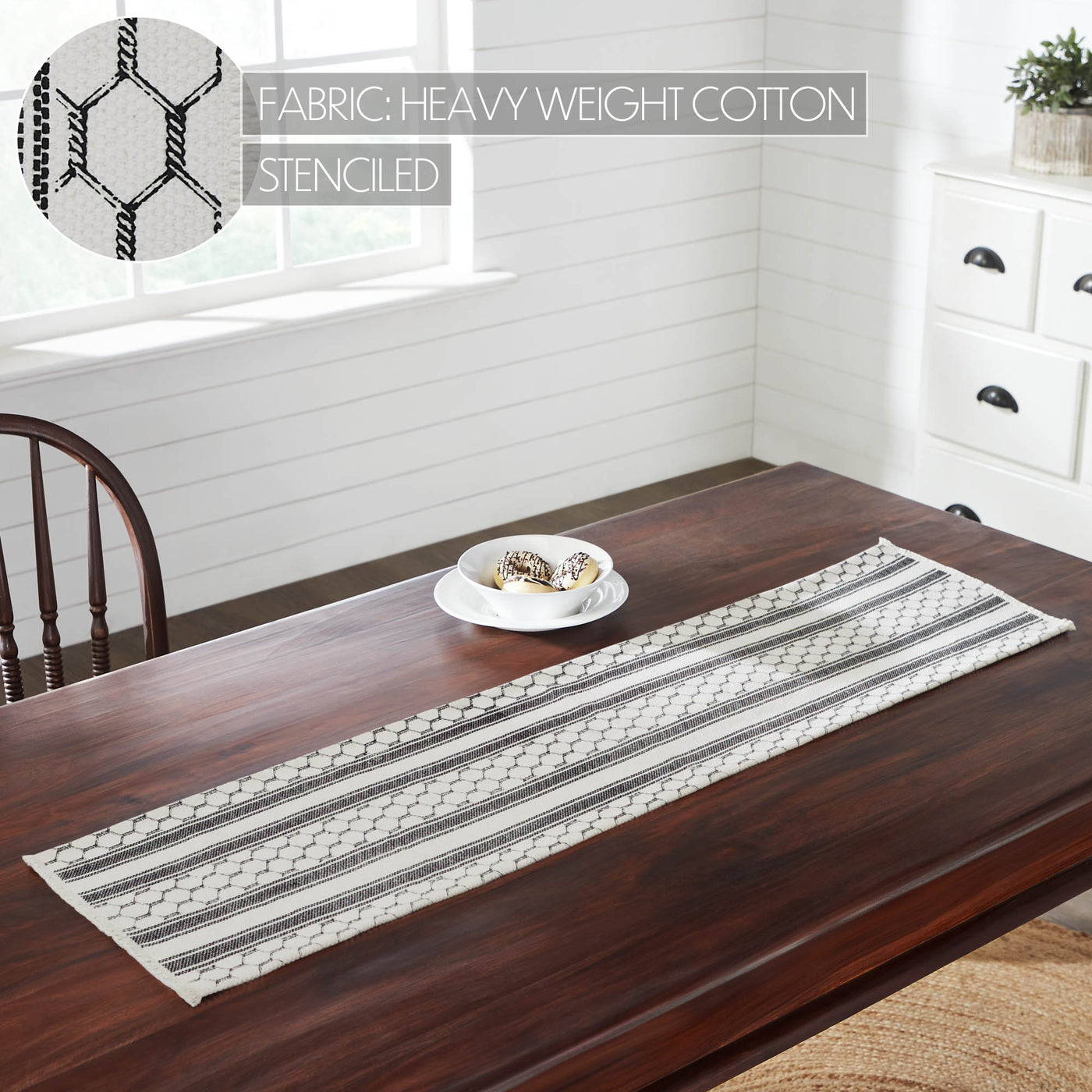 Down Home Chicken Wire and Stripes Patterned 60" Table Runner