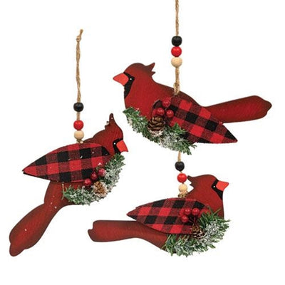 Set of 3 Wooden Cardinal Buffalo Plaid Ornaments