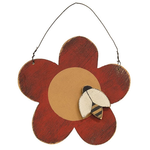 Set of 2 Distressed Wooden Flower & Ladybug and Bee Ornaments