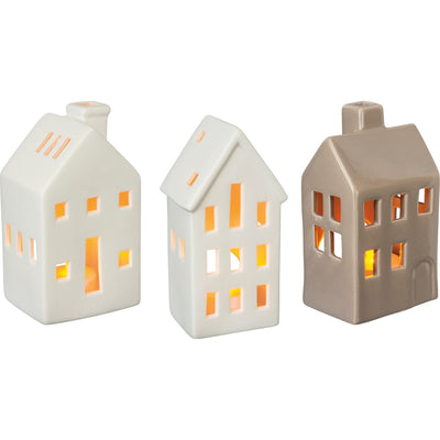 Set of 3 House Shaped Candle Holder with Battery Powered Tealight