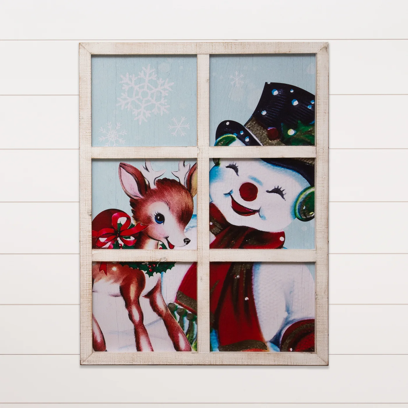 Retro Snowman and Deer in Window 24" Sign