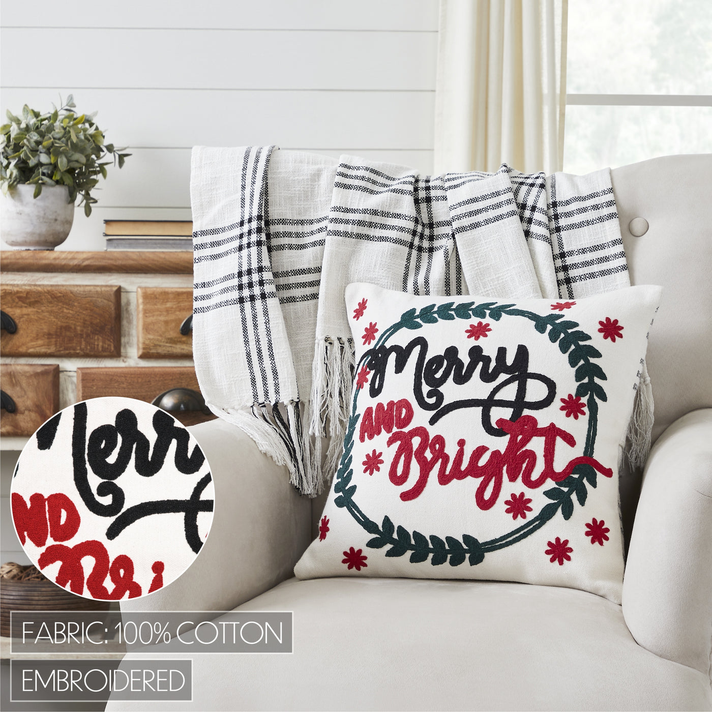 Merry & Bright 18" Black Plaid Christmas Pillow