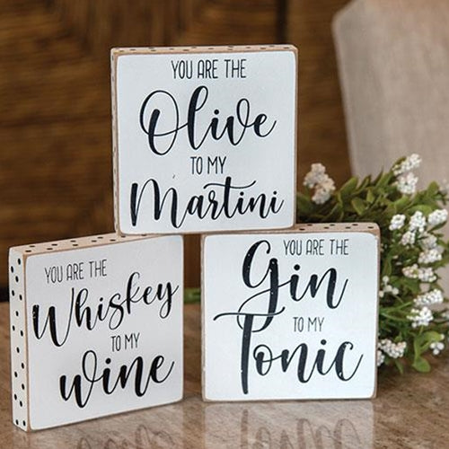 Set of 3 Martini Gin Tonic and Wiskey 4" Wooden Block Signs