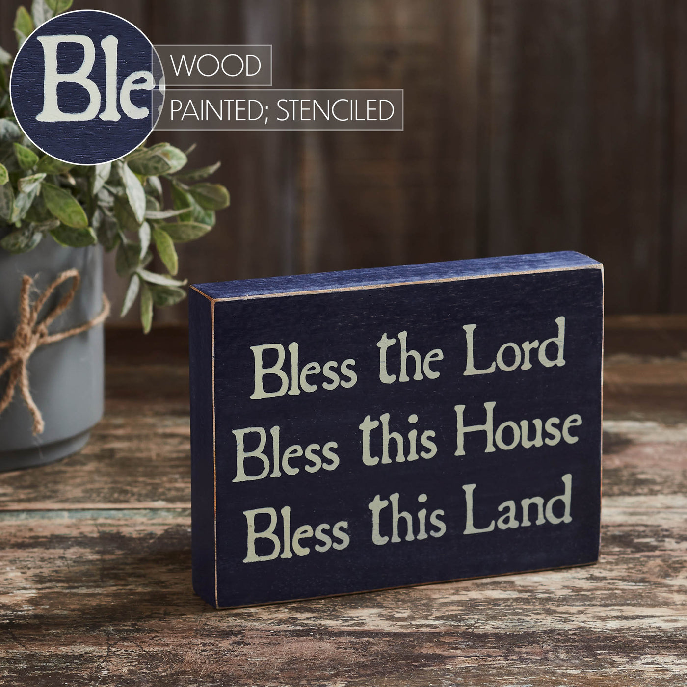 Bless The Lord House and Land 8" Blue Wooden Sign