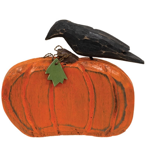 Distressed Carved Wooden Crow on Pumpkin Sitter