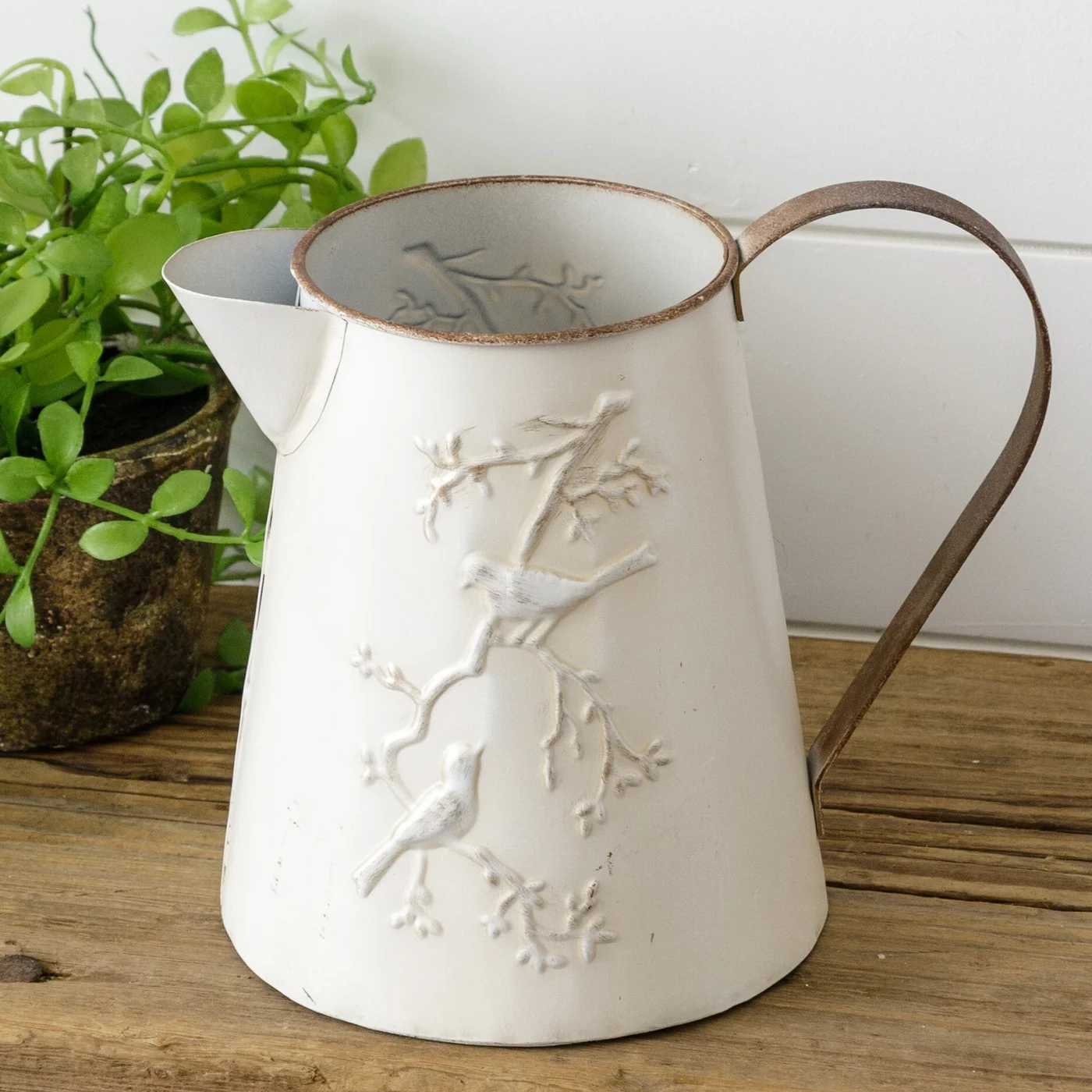 Embossed Birds With Gold Distress Metal Pitcher