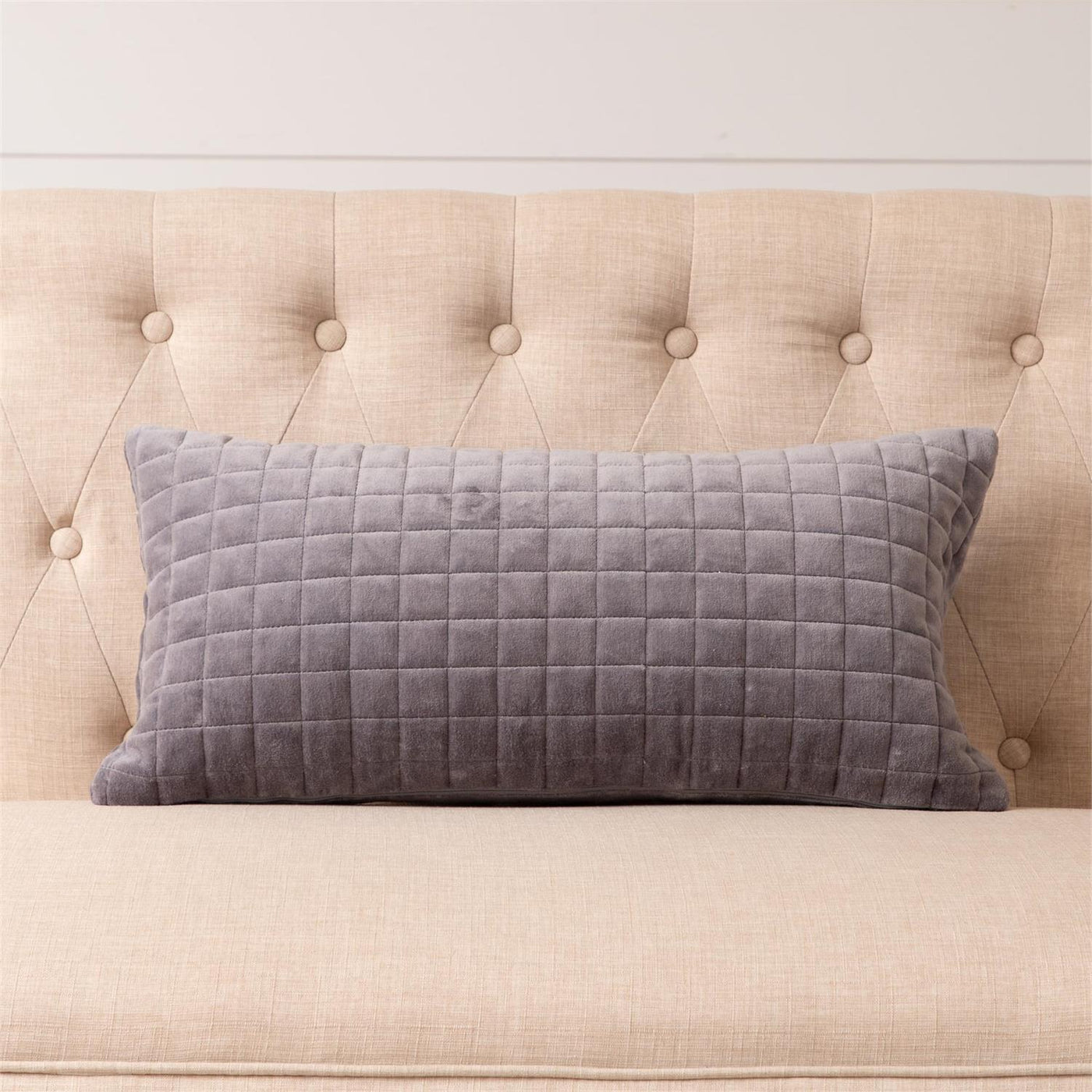 Dusty Blue Quilted Velvet Lumbar Pillow