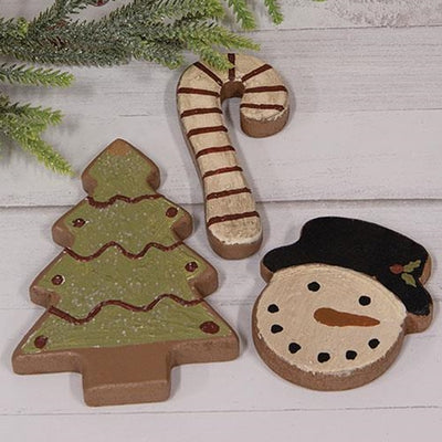 Set of 3 Snowman, Candy Cane & Tree Wooden Christmas Cookies