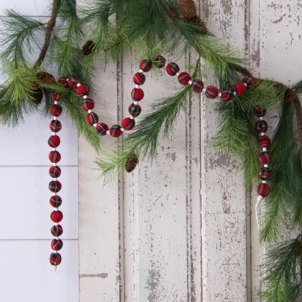 Red Plaid Fabric Ball Christmas Garland 6 Ft Long