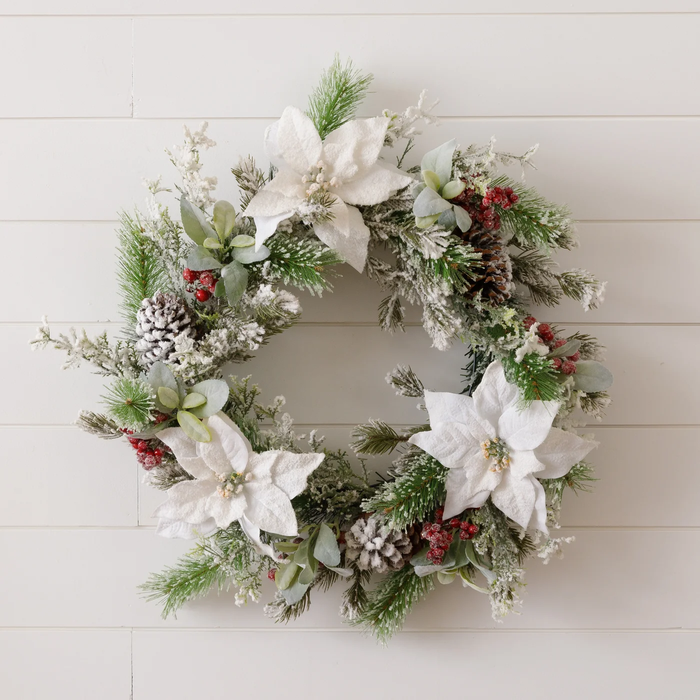 Flocked Evergreens And White Poinsettias 25" Faux Wreath