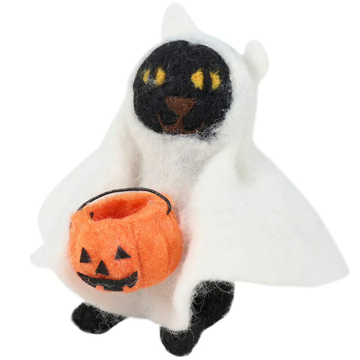 Ghost Cat with Pumpkin Trick or Treat Bucket Felt Critter