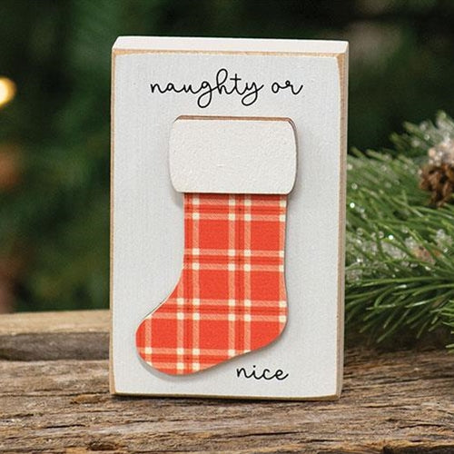 Naughty Or Nice Stocking Small Wooden Christmas Block Sign