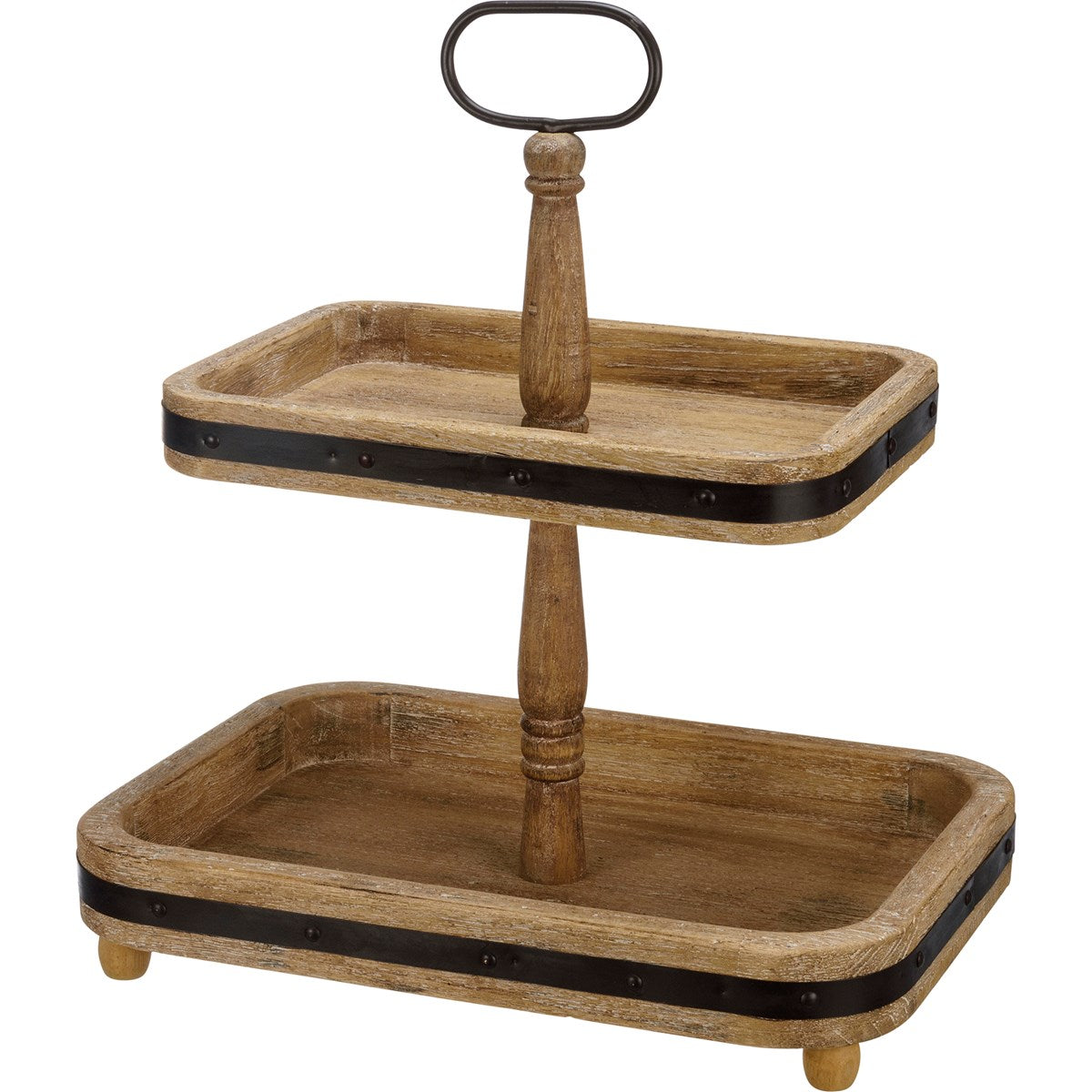 Two Tiered Rectangle Wooden Tray With Handle