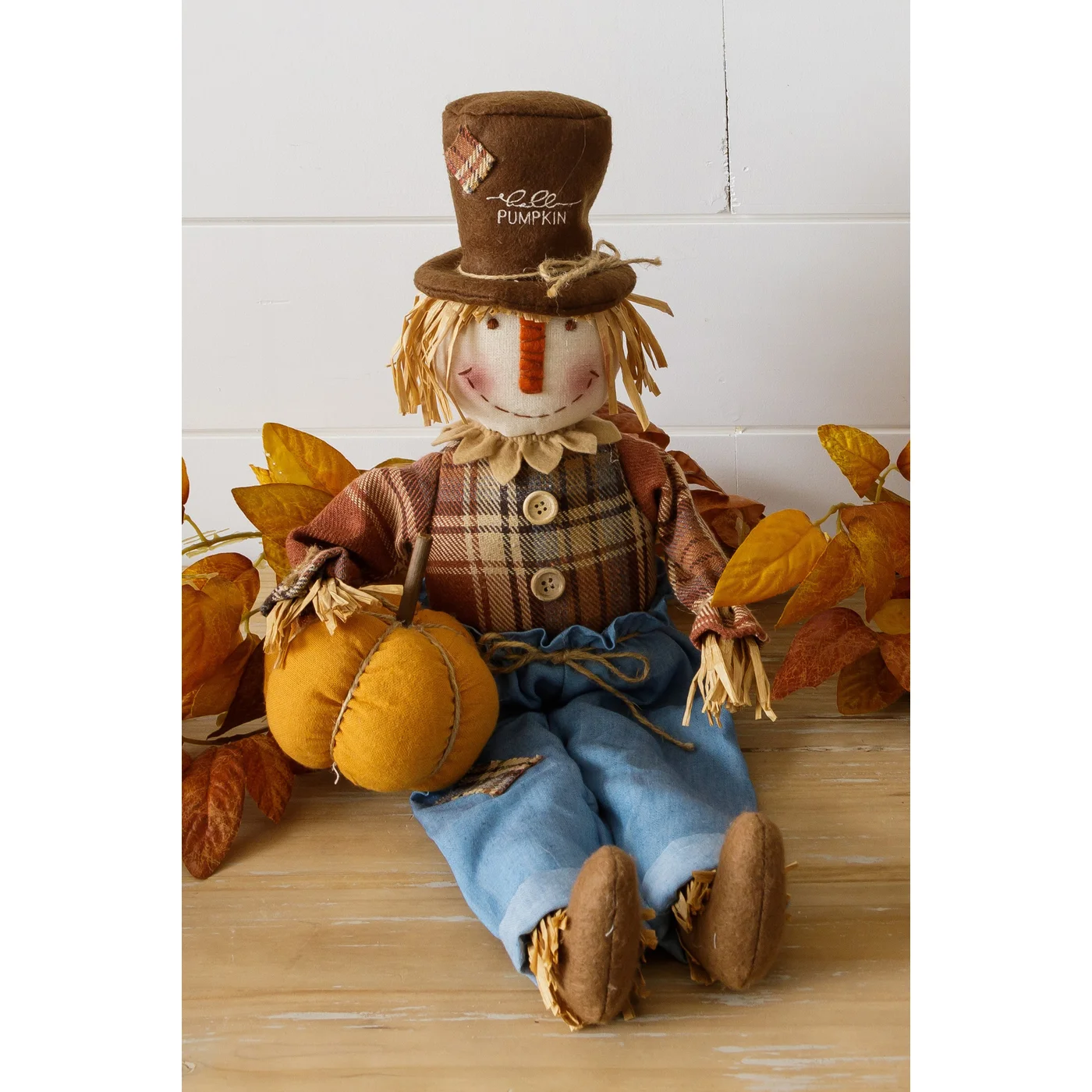 Hello Pumpkin Scarecrow Sitter Fabric Figure