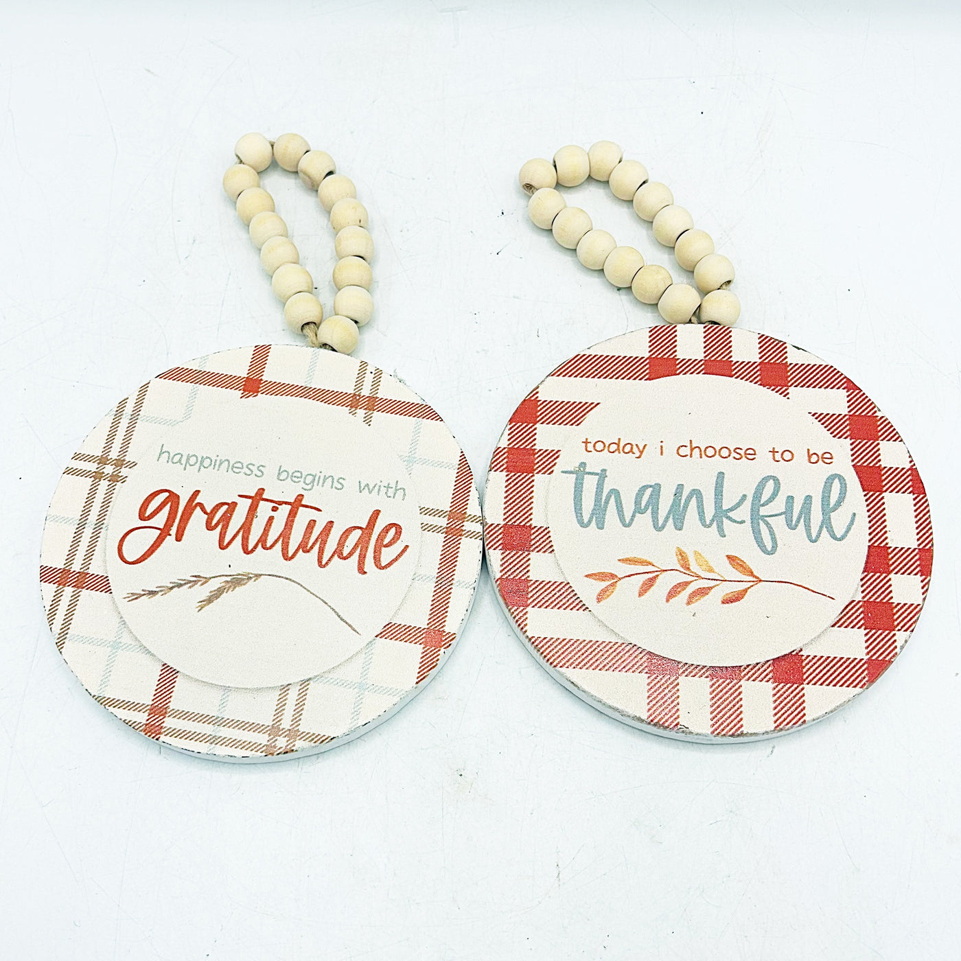💙 Set of 2 Thankful and Gratitude Plaid Beaded Round Ornaments