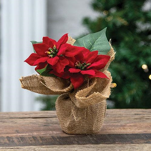 💙 Christmas Faux Red Poinsettias in Burlap Base 8" H