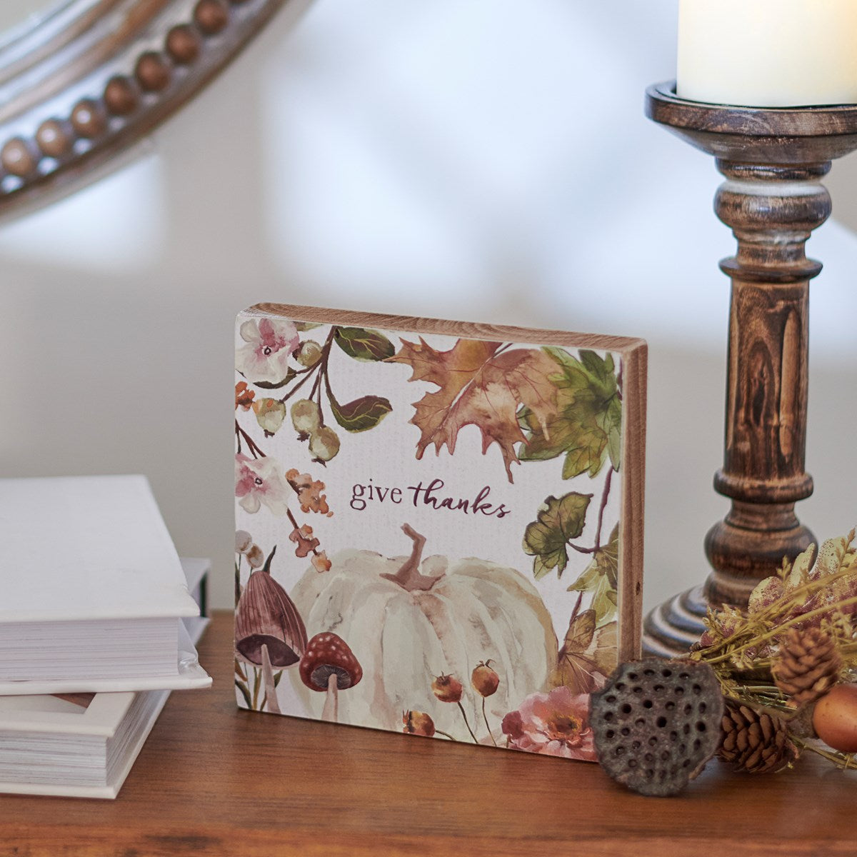 Give Thanks Pumpkin 8" Wooden Block Sign