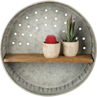 Rustic Round Wall Shelf 12" Galvanized Metal and Wood